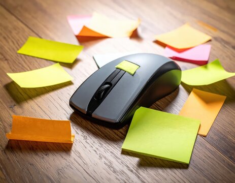 Colorful Sticky Notes Surrounding Computer Mouse on Wooden Desk Surface