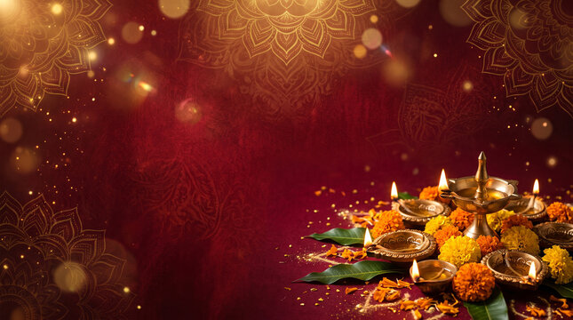 Festive Diwali background with glowing brass oil lamps and marigold flowers
