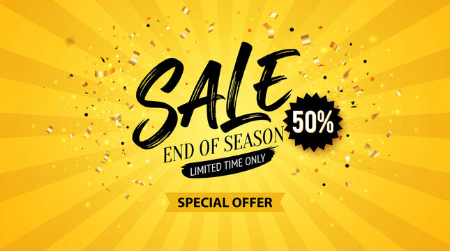 Bold "SALE" text with 50% off and "End of Season" message on a bright yellow sunburst background with falling confetti, symbolizing a celebratory discount event.