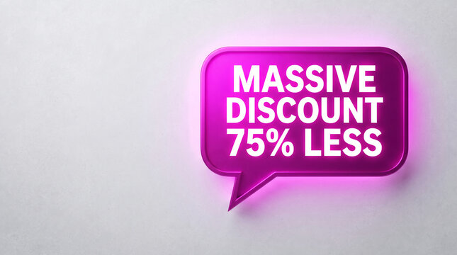 Glowing magenta speech bubble announcing a massive discount, representing sales and promotions, ideal for advertising.