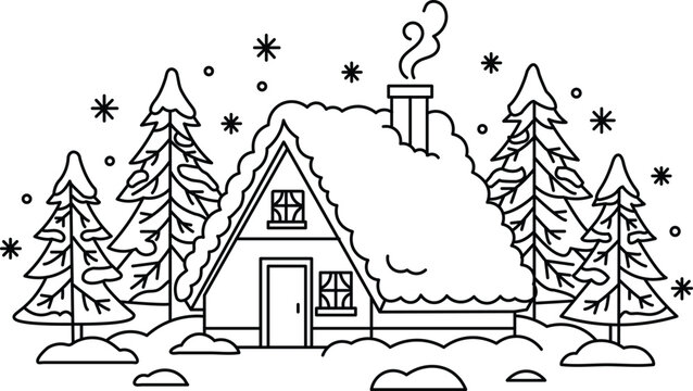 A cozy winter cabin with snow-covered roof and pine trees