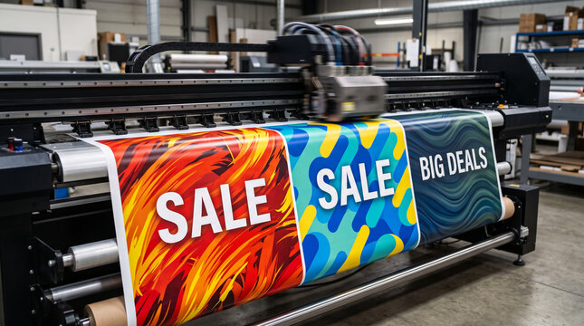 Large format printer producing banners for "SALE" and "BIG DEALS" promotions, showcasing vibrant graphics and retail advertising.