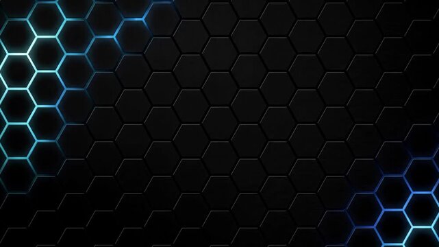Abstract dark background with glowing blue hexagonal pattern and metallic texture