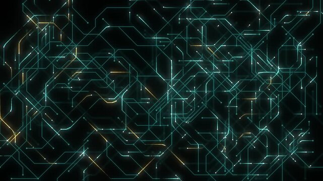 Glowing cyan and teal circuit board network on a black background with bright white light pulses racing along right angled tracks and leaving trails, plus occasional orange golden paths
