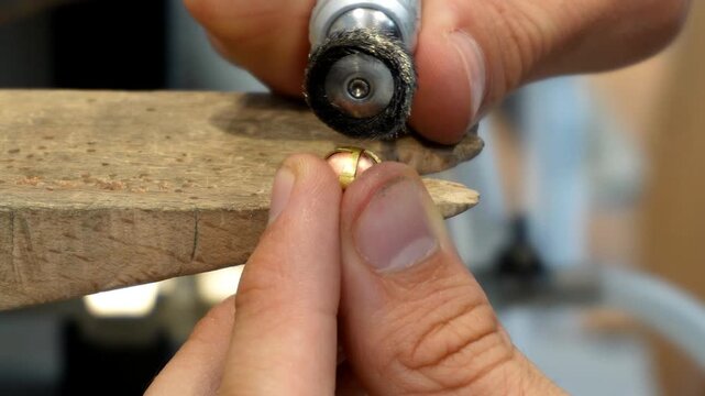 Precise torch soldering and rotary tool surface polishing operations applied to an assembled brass component enclosing a spherical core on a workshop bench block.