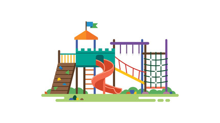 Fototapeta premium Colorful Outdoor Children's Playground Equipment Vector Illustration with Slide and Climbing Wall