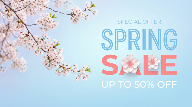 Delicate pink cherry blossoms adorn a light blue background, promoting a spring sale with a special offer and discount percentage