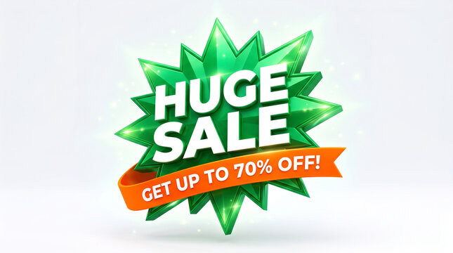 3D green starburst with "HUGE SALE" and "GET UP TO 70% OFF" text, symbolizing big discounts and offers, perfect for promotion.