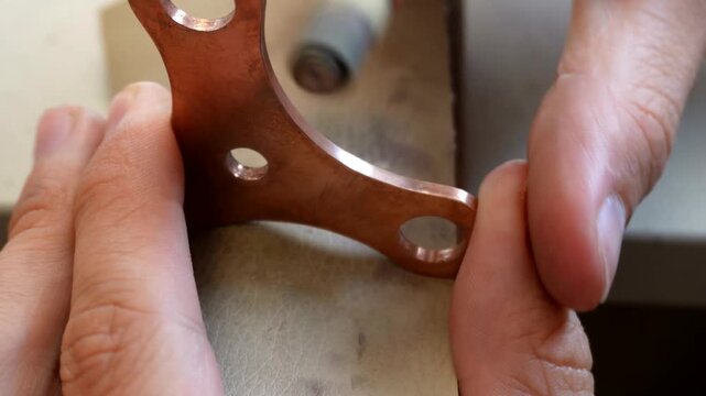 Rotary tool grinding and chemical cleaning processes applied to a perforated copper component during precision metalworking and surface finishing stages.