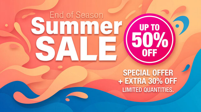 Summer sale banner with abstract waves, showcasing up to 50% off and special offers, symbolizing savings and end of season discounts.