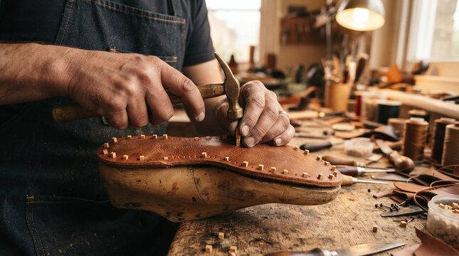 Bespoke shoemaker hands driving lemonwood pegs into leather shoe waist