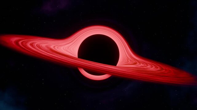 Black hole accretion disk seamless loop crimson red glowing space astronomy gravity a swirling ring of hot gas bends around a dark void among stars for title intros event screens and music clips