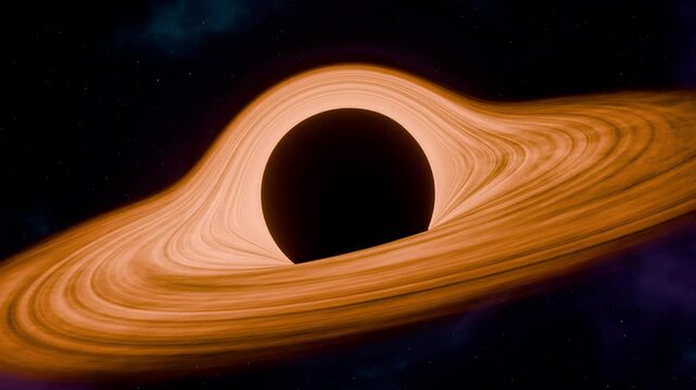 Black hole accretion disk seamless loop orange glowing space astronomy gravity a fiery ring of gas swirls around a dark void in deep space for title intros event screens music clips and presentations