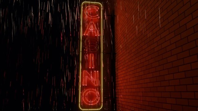 Neon casino sign seamless loop rain night red brick wall vertical lettering glow rain falls past a glowing orange sign on a dark street for title intros event screens music clips and presentations