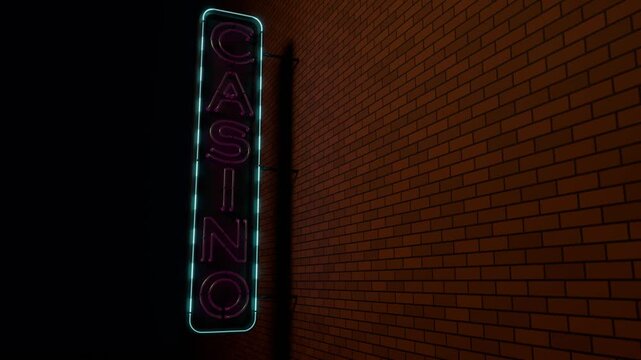 Neon casino sign seamless loop flickering color sequence brick wall night street vertical lettering switches between cyan and pink glow in the dark for title intros event screens and music clips