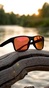 Sunglasses resting on a wooden log, sunset reflection on lenses at a river, summer vacation mood.
