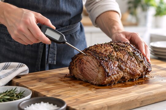 Chef's hands probing a seasoned roast beef with a digital meat thermometer on a wooden cutting board, checking internal temperature for perfect doneness, herbs and salt are nearby