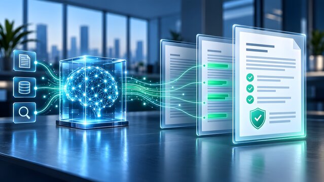 Digital brain analyzing floating documents with verification shield representing secure automated data processing and smart compliance