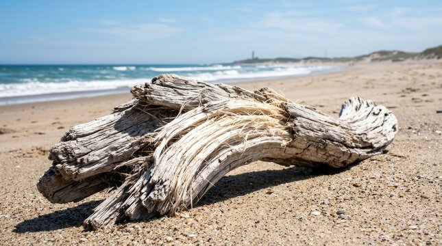 Detailed close-up of a sun-bleached driftwood log on a sandy beach, showcasing weathered fibrous texture against a backdrop of blue ocean waves, clear sky, and a distant coastal lighthouse.