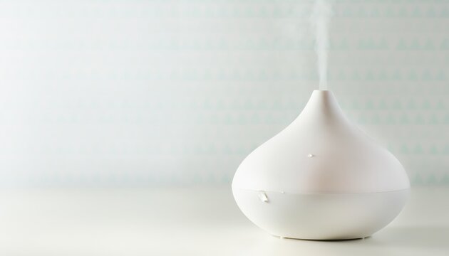 White ceramic essential oil diffuser releasing a fine mist on a minimalist tabletop, with soft natural light, pale aqua patterned wall and copy space for wellness and home fragrance concepts