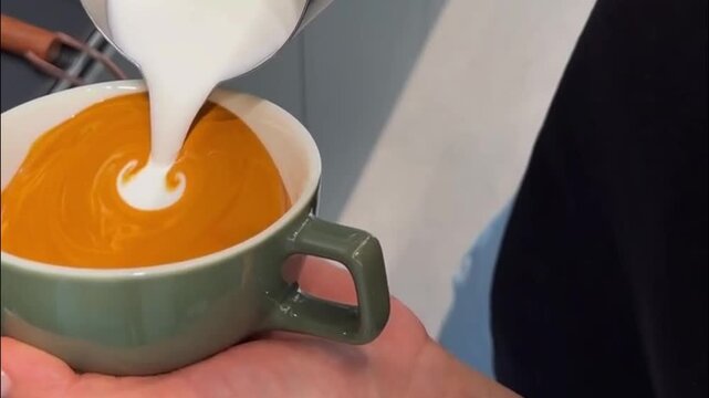 Close Up of Barista Holding Cup of Fresh Coffee with Intricate Ripple Heart Latte Art