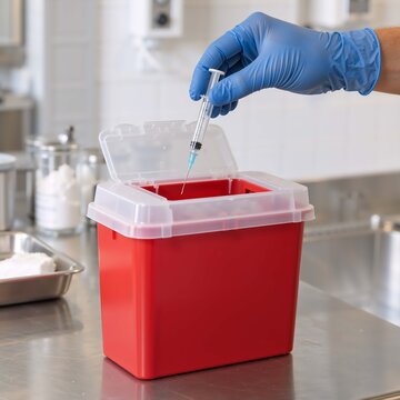 Hand in blue glove disposing of medical syringe into red sharps container, safe medical waste disposal, healthcare setting, infection control, biohazard safety, needle stick prevention