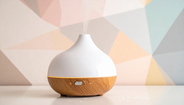 Ultrasonic essential oil diffuser with wood grain base on a white surface against a pastel geometric wall, creating a calm modern home wellness setting