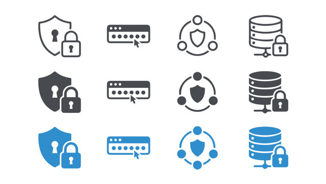 Set of cybersecurity and network data protection icons with network security shield icon secure server password prote
