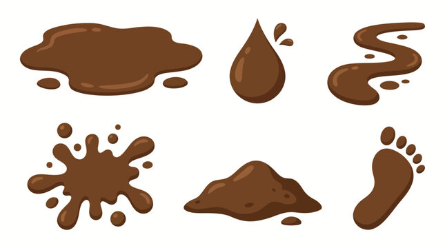 Set of brown mud puddle and splashing drop icons, dirty footprint and soil stains cartoon illustration