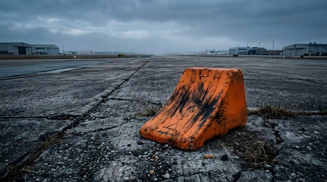 Orange rubber airplane wheel chock resting on cracked concrete runway apron illustrating airport ground operations and logistics