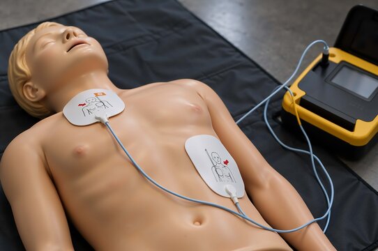 Medical training dummy with defibrillator electrode pads attached to chest and neck, connected to automated external defibrillator unit for CPR simulation practice and emergency healthcare training
