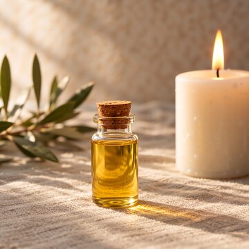Small glass vial filled with golden holy oil, placed on a textured fabric surface next to a lit white candle and a green olive branch, with dappled sunlight creating patterns of light and shadow