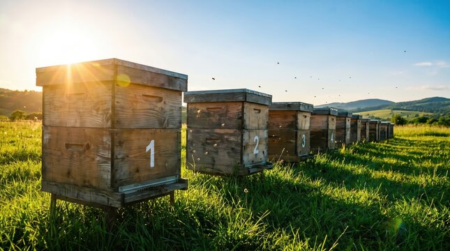 Hives in an apiary with bees flying to the landing boards. Apiculture.
