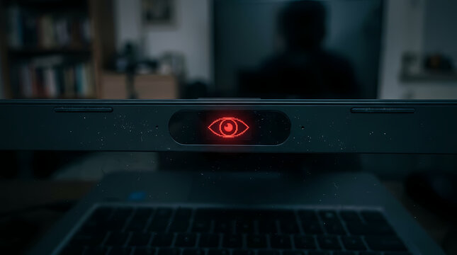 A glowing red human eye symbol displayed on the integrated camera sensor of a laptop computer representing digital security risks surveillance monitoring threats privacy loss and cyber warfare