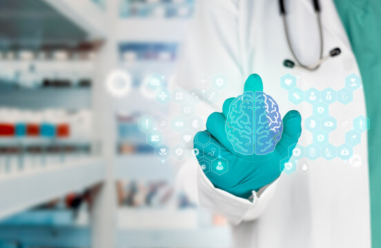Neurological healthcare technology. Medical innovation for neurodegenerative diseases. A doctor displays a brain symbol. Isolated against a bokeh background.