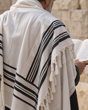 Elderly Jewish man wearing a white prayer shawl with black stripes and tassels, reading from a holy book, symbolizing deep faith and personal devotion during prayer at a sacred site