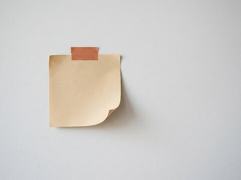 Beige sticky note taped to a wall with masking tape