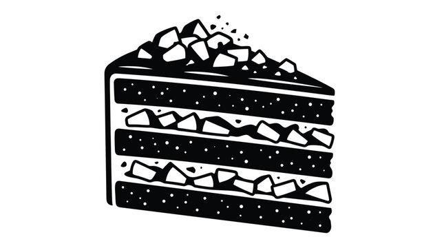 Black and white linocut style illustration of a layered cake slice featuring sponge layers, cream filling with chunks and textured toppings, isolated graphic on white background.