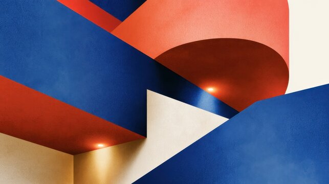 Abstract architectural ceiling with curved blue and red geometric shapes for design background poster and banner layout