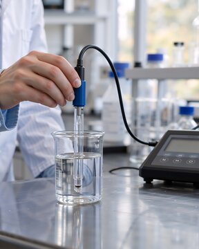 Close-up of scientist using pH meter electrode to measure acidity of clear liquid in beaker on laboratory bench. Digital meter displays readings for scientific analysis and chemistry