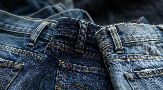 Close up shot of various folded denim jeans stacked together in a pile