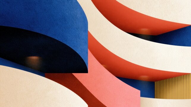 Abstract curved architectural composition in blue red and pink tones for modern background and poster design with textured geometric shapes for graphic layout and interior decor