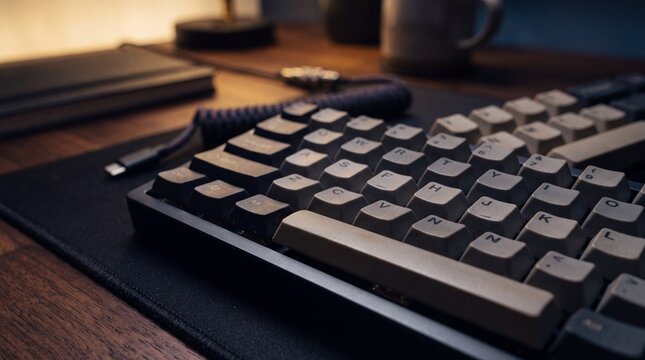 Rows of mechanical keyboard keycaps fill the frame in close up. Typing and gaming gear and desk setups for tech and workspace themes.