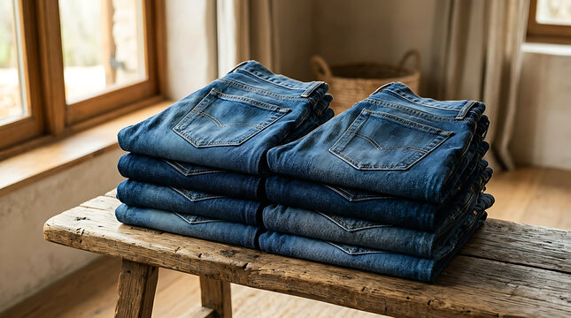 Folded blue denim jeans stacked neatly on a rustic wooden bench indoors