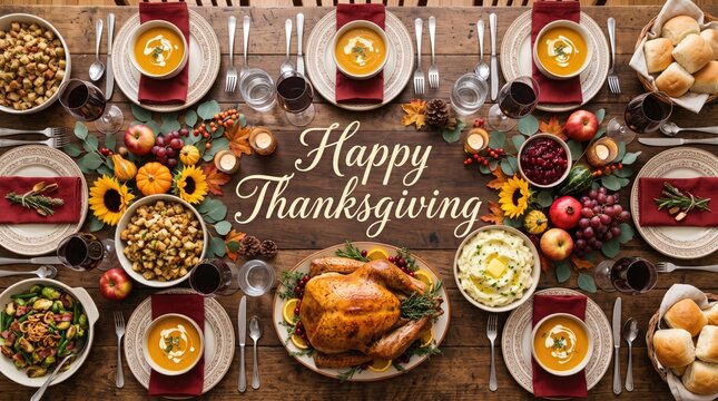 Traditional thanksgiving dinner table setup with roasted turkey soup stuffing sides and wine glasses