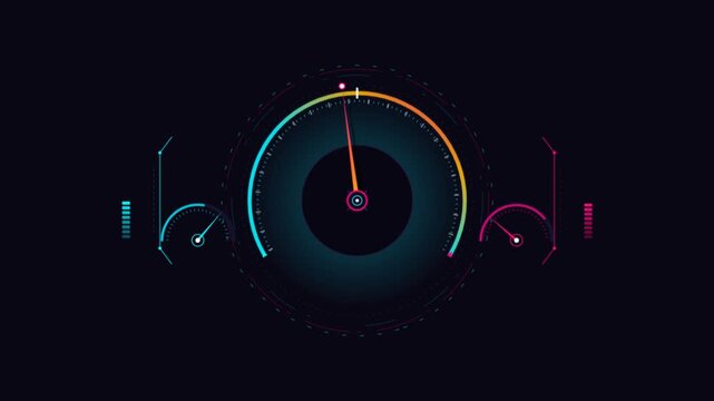 Futuristic digital speedometer dashboard interface with colorful glowing circular gauges and data indicators.