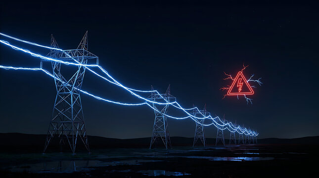 Neon power lines and electricity warning sign in a dark desert night landscape