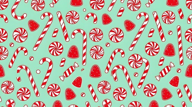 A cheerful and colorful seamless pattern of Christmas candies, featuring candy canes, peppermints, and gumdrops on a mint green background.