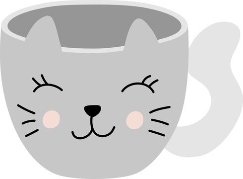 Cat character mug vector illustration for kids cute gray animal face on coffee cup artwork charming tableware design