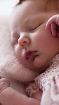 Newborn Baby Girl Wears Lace Dress While Sleeping During Photoshoot, Vertical Video, Vertical Video